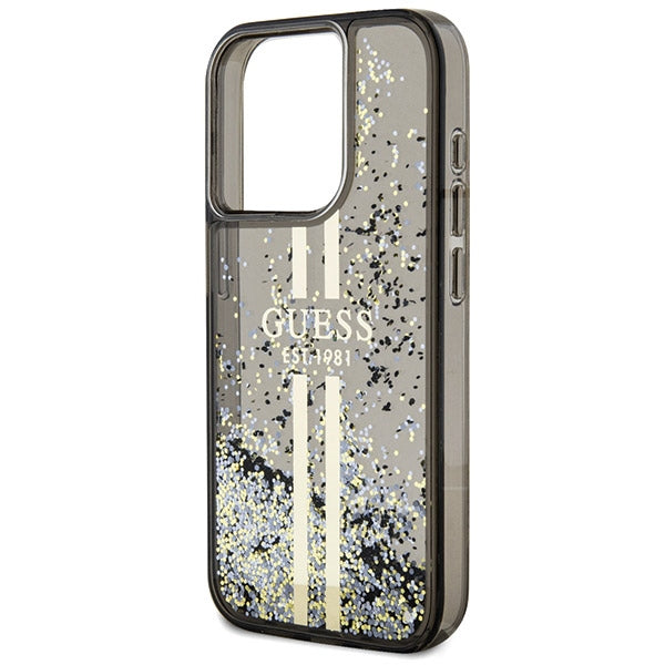 GUESS Handy Hülle Case für iPhone 15 Pro Liquid Glitzer 4G Transparent Gold Stripe Schwarz