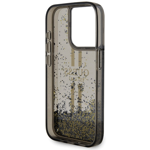 GUESS Handy Hülle Case für iPhone 15 Pro Max Liquid Glitzer 4G Transparent Gold Stripe Schwarz
