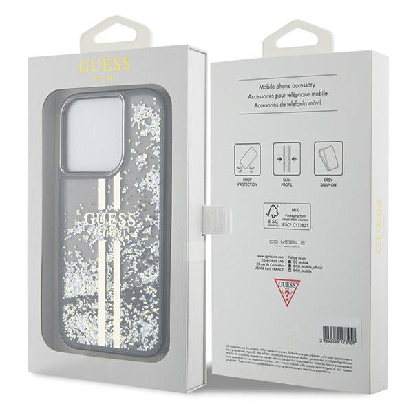 GUESS Handy Hülle Case für iPhone 15 Pro Max Liquid Glitzer 4G Transparent Gold Stripe Schwarz