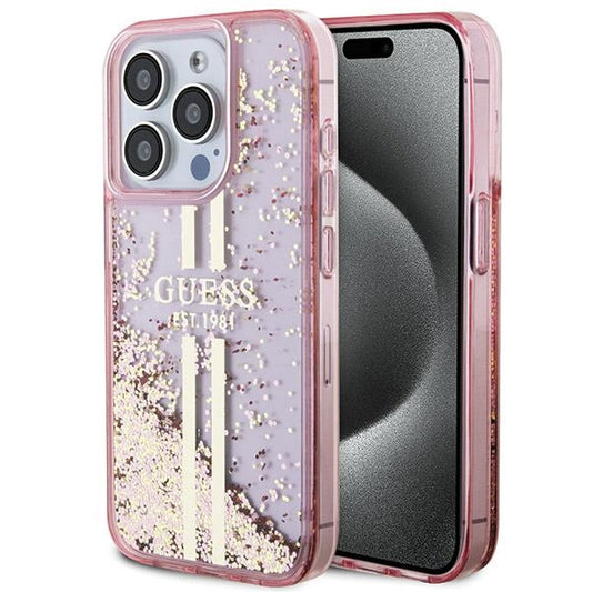 GUESS Handy Hülle Case für iPhone 15 Pro Liquid Glitzer 4G Transparent Gold Stripe Pink