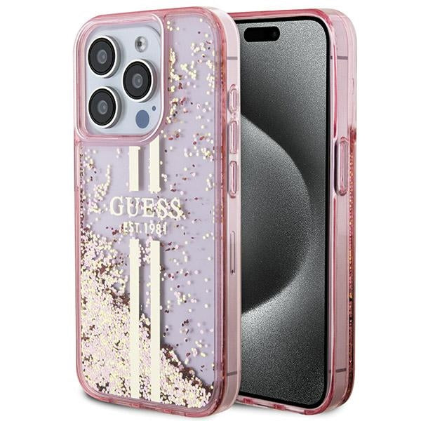 GUESS Handy Hülle Case für iPhone 15 Pro Max Liquid Glitzer 4G Transparent Gold Stripe Pink