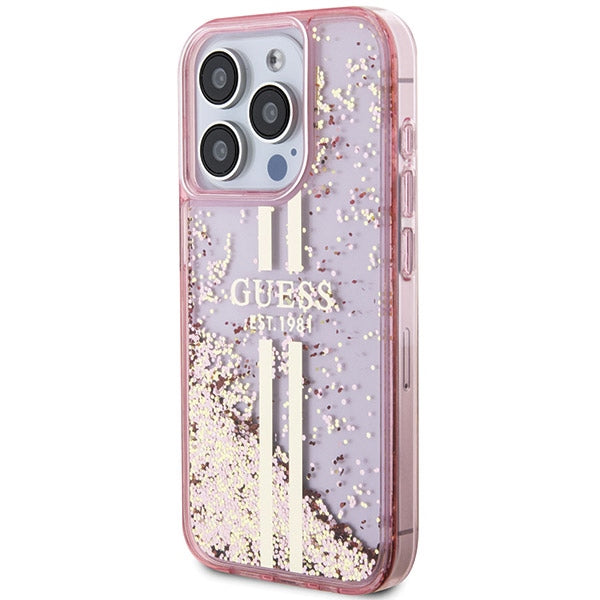 GUESS Handy Hülle Case für iPhone 15 Pro Max Liquid Glitzer 4G Transparent Gold Stripe Pink