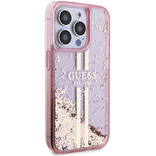 GUESS Handy Hülle Case für iPhone 15 Pro Max Liquid Glitzer 4G Transparent Gold Stripe Pink
