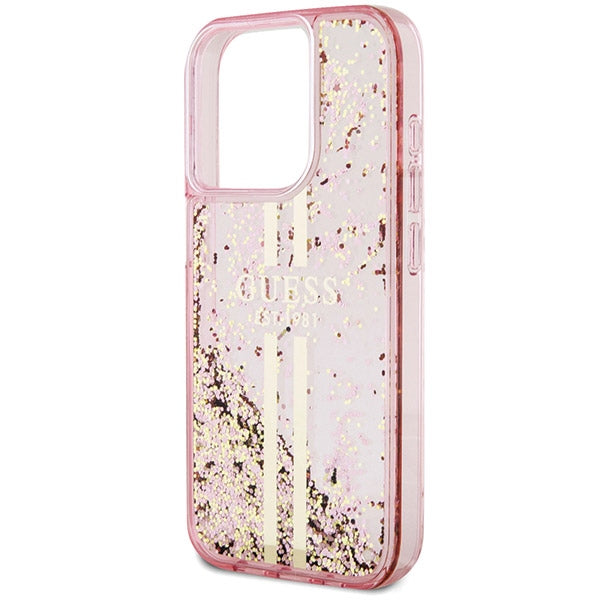 GUESS Handy Hülle Case für iPhone 15 Pro Max Liquid Glitzer 4G Transparent Gold Stripe Pink