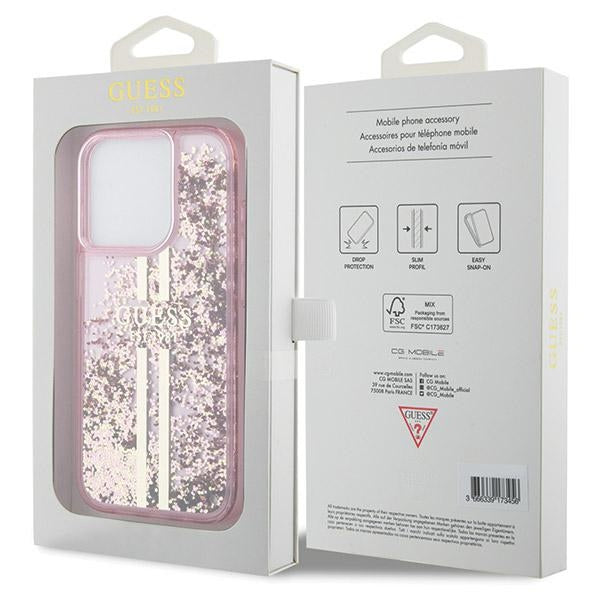 GUESS Handy Hülle Case für iPhone 15 Pro Max Liquid Glitzer 4G Transparent Gold Stripe Pink