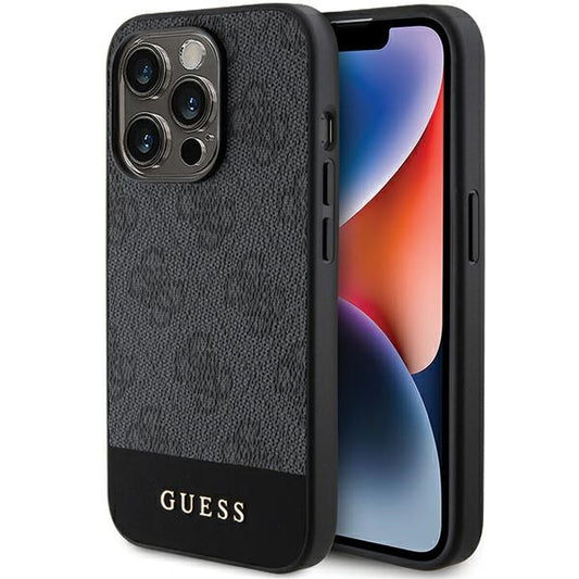 GUESS Handy Hülle Case für iPhone 15 Pro Max Stripe 4G Logo Grau