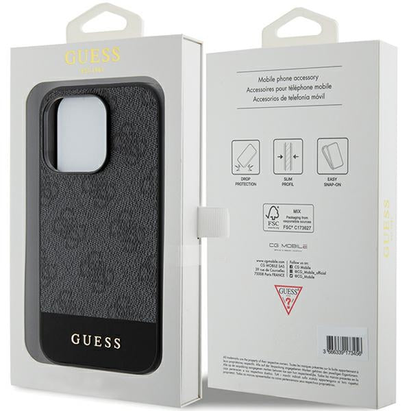 GUESS Handy Hülle Case für iPhone 15 Pro Max Stripe 4G Logo Grau