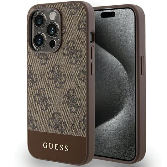 GUESS Handy Hülle Case für iPhone 15 Pro Max Stripe 4G Logo Braun