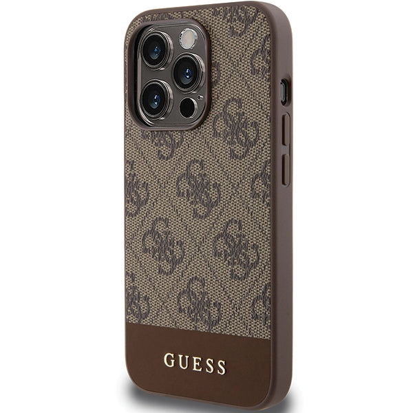 GUESS Handy Hülle Case für iPhone 15 Pro Max Stripe 4G Logo Braun