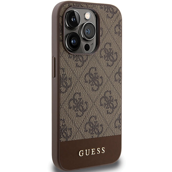 GUESS Handy Hülle Case für iPhone 15 Pro Max Stripe 4G Logo Braun