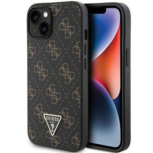 GUESS Handy Hülle Case für iPhone 13 / 14/ 15 4G Dreieck Metall Logo Braun