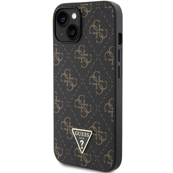 GUESS Handy Hülle Case für iPhone 13 / 14/ 15 4G Dreieck Metall Logo Braun