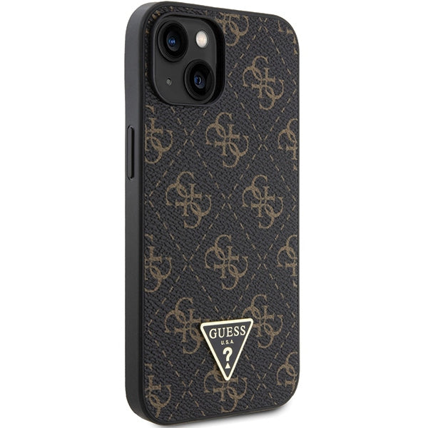GUESS Handy Hülle Case für iPhone 13 / 14/ 15 4G Dreieck Metall Logo Braun