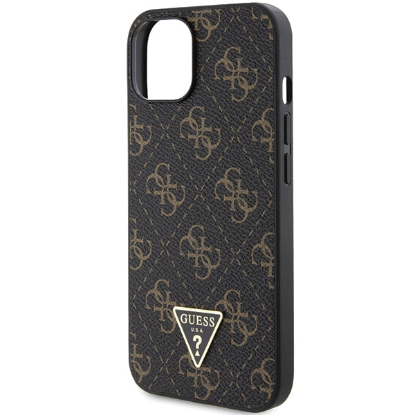 GUESS Handy Hülle Case für iPhone 13 / 14/ 15 4G Dreieck Metall Logo Braun