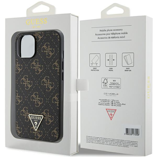 GUESS Handy Hülle Case für iPhone 13 / 14/ 15 4G Dreieck Metall Logo Braun