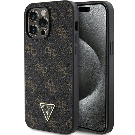 GUESS Handy Hülle Case für iPhone 14 Pro Max 4G Dreieck Metall Logo Braun