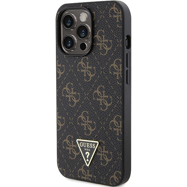 GUESS Handy Hülle Case für iPhone 15 Pro 4G Dreieck Metall Logo Braun