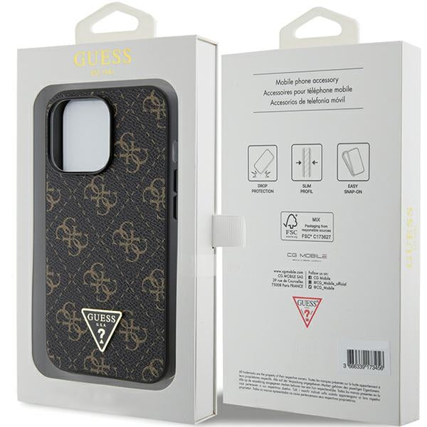 GUESS Handy Hülle Case für iPhone 15 Pro 4G Dreieck Metall Logo Braun