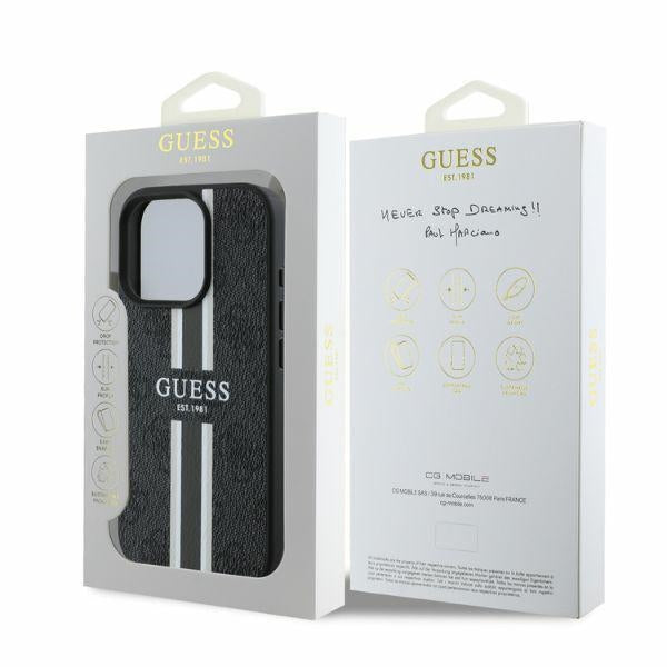 GUESS Handy Hülle 4G Logo Printed Stripes Magsafe Case für iPhone 16 Pro Max Schwarz