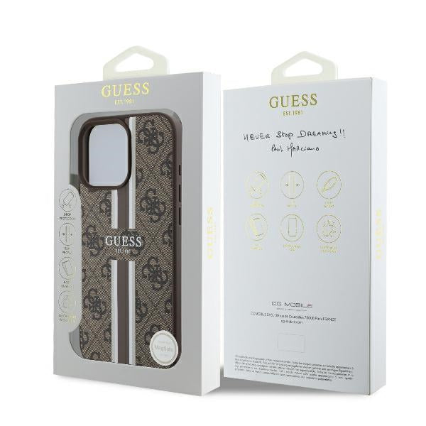 GUESS Handy Hülle 4G Logo Printed Stripes Magsafe Case für iPhone 16 Pro Braun