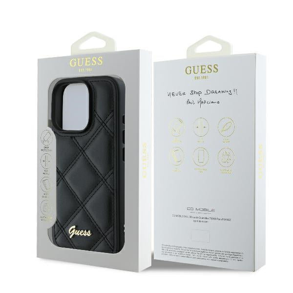 GUESS Handy Hülle Quilted Case für iPhone 16 Pro gestepptes Leder Look mit Metall Logo Schwarz