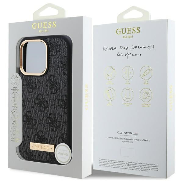 GUESS Handy Hülle 4G Logo Plate Magsafe Hard Case für iPhone 16 Pro Schwarz