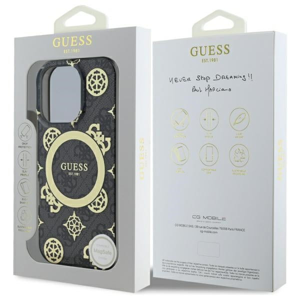 GUESS Handy Hülle IML Peony On 4G Background Magsafe Case für iPhone 16 Pro Max Schwarz