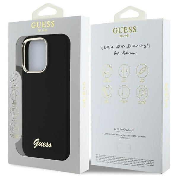 GUESS Handy Hülle Case Silicone Script Metal Logo & Frame für iPhone 16 Pro Schwarz