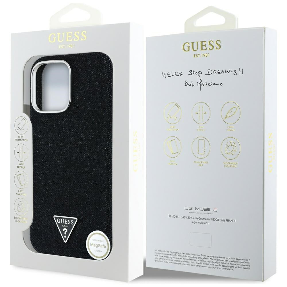 GUESS Handy Hülle Denim Triangle Logo Magsafe Case für iPhone 16 Pro Max Schwarz