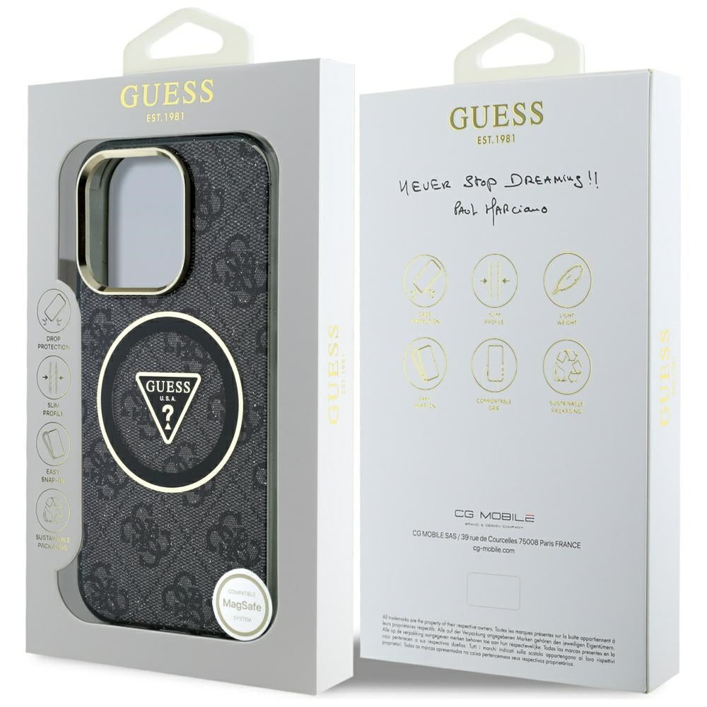 GUESS Handy Hülle IML Metall Glitzer 4G Circle Triangle Logo Magsafe Case für iPhone 16 Pro Schwarz