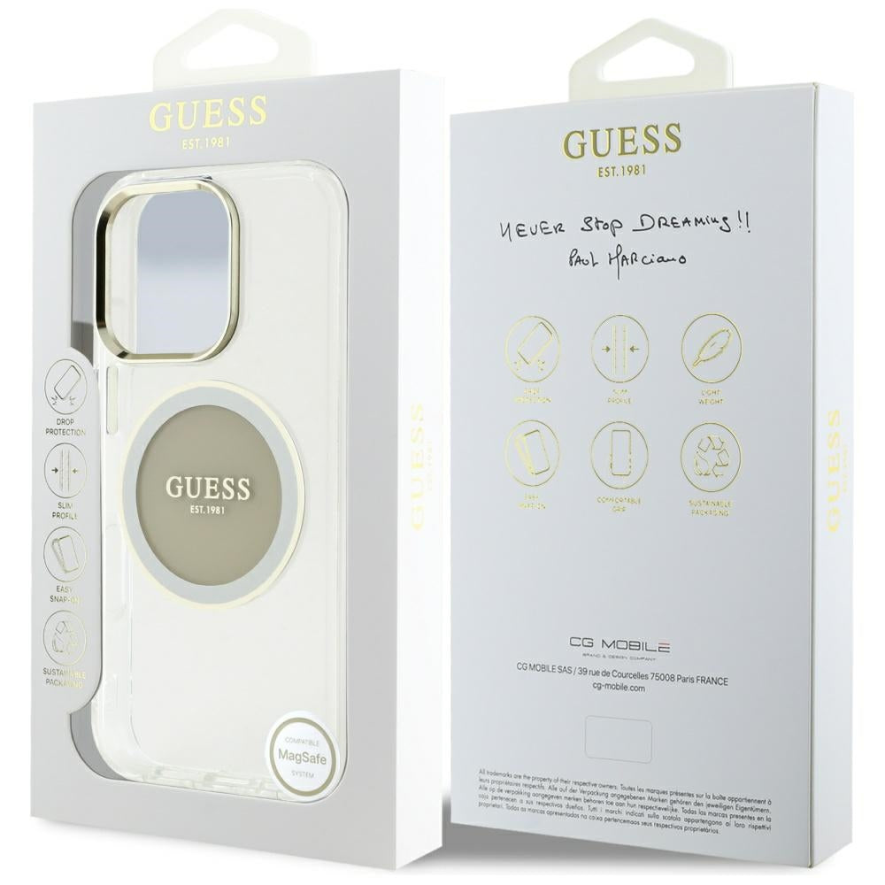 GUESS Handy Hülle IML Metall Colored Circle Classic Logo Magsafe Case für iPhone 16 Pro Max Weiß