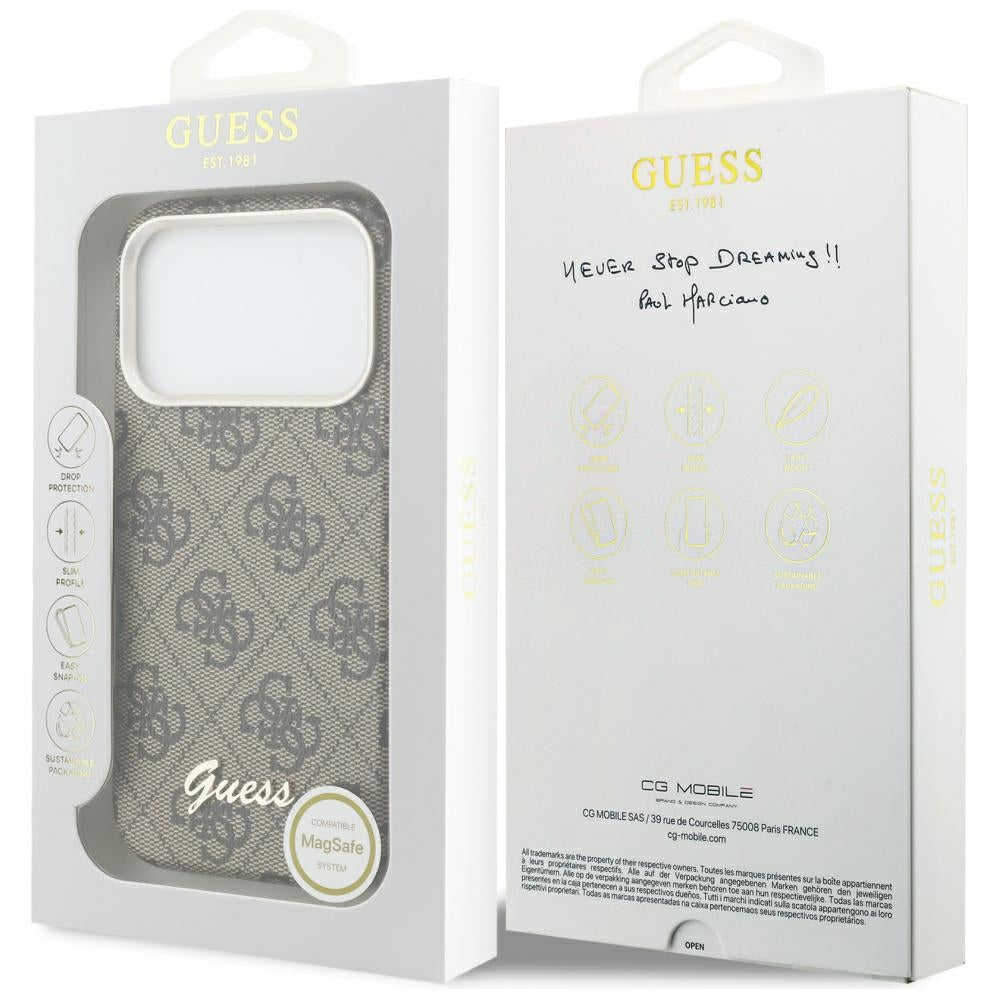 GUESS Handy Hülle 4G Script Magsafe Case für iPhone 17 Pro Braun