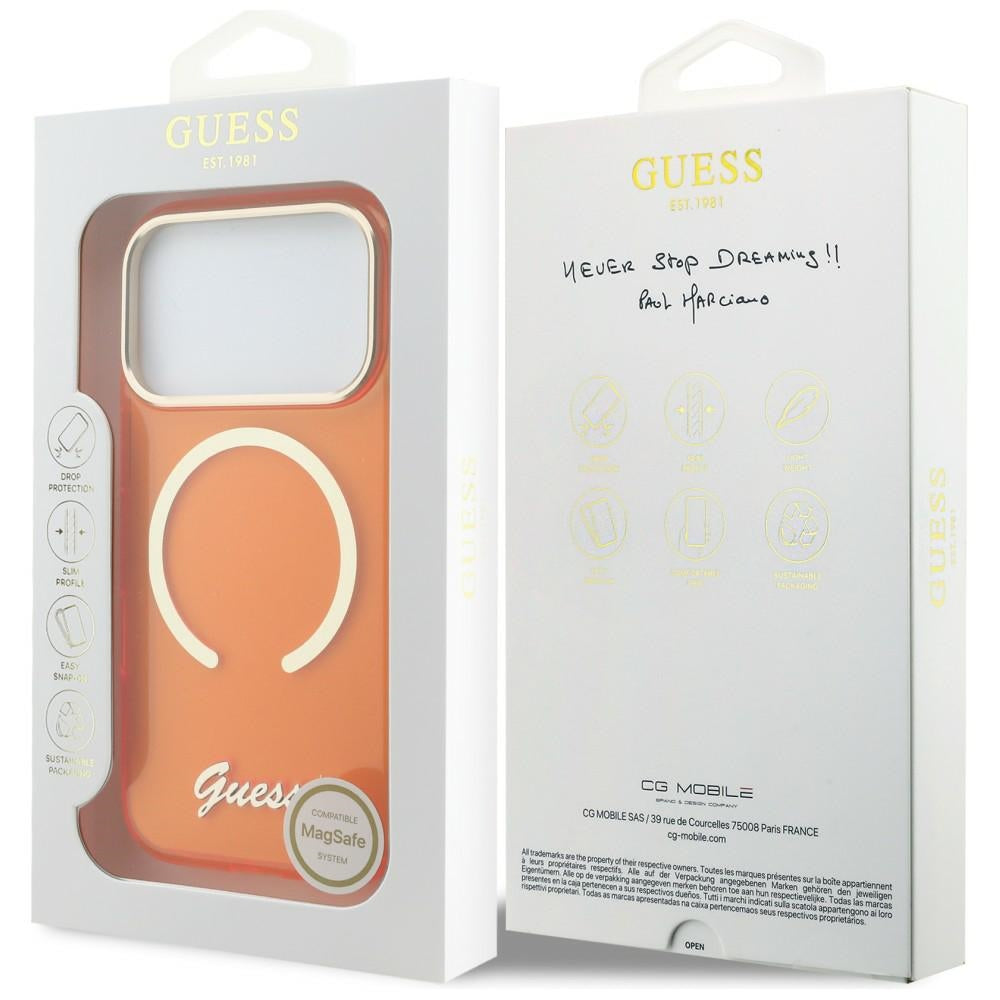 GUESS Handy Hülle IML Script Metall Magsafe Case für iPhone 17 Pro Max Orange