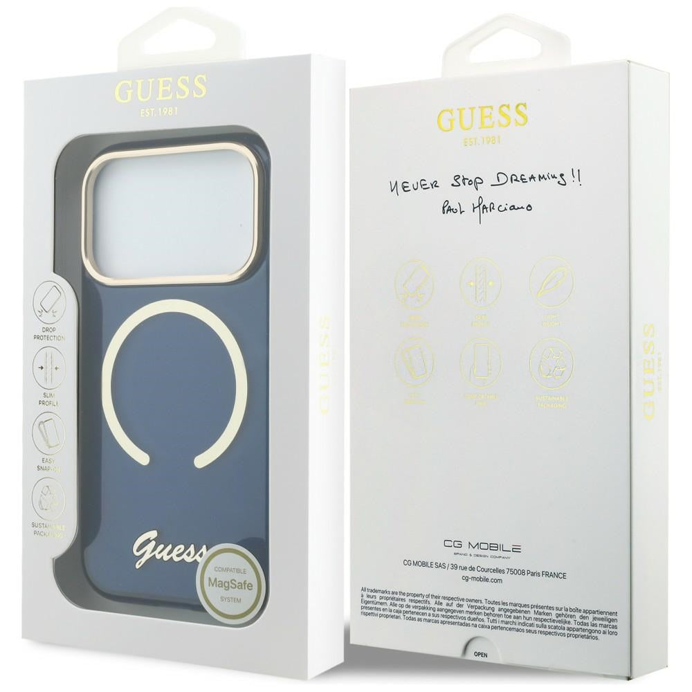 GUESS Handy Hülle IML Script Metall Magsafe Case für iPhone 17 Pro Max Blau