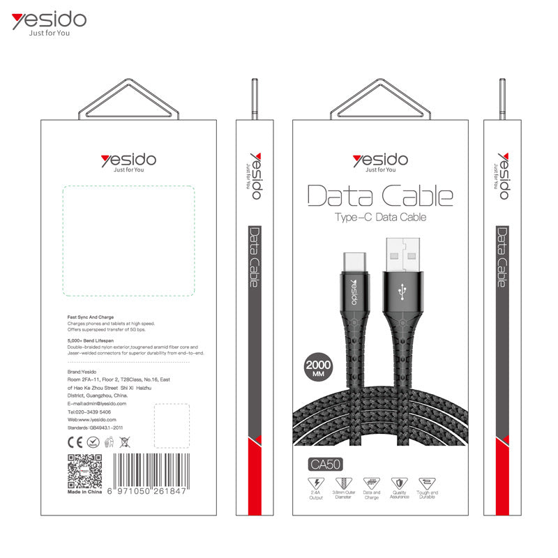 YESIDO CA50 Typ C auf USB 2 Meter Ladekabel
