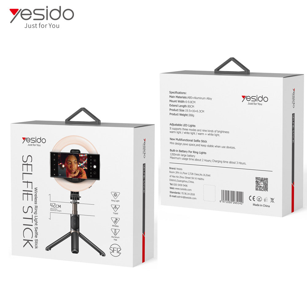 YESIDO SF12 Wireless Selfie Stick mit LED Ring