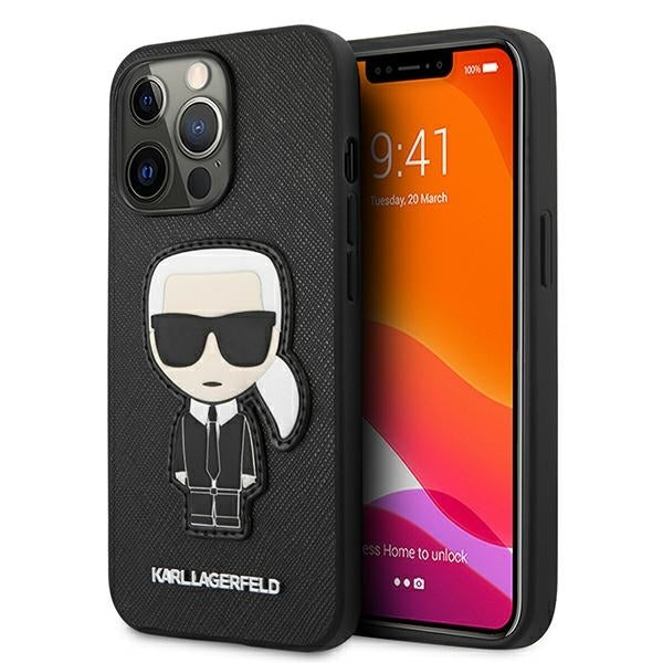Karl Lagerfels Handy Hülle Case Saffiano Ikonik Karl`s Patch für iPhone 13 / 13 Pro Schwarz