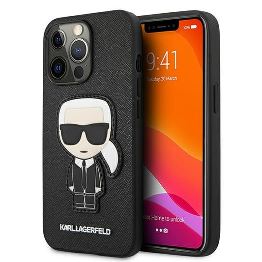 Karl Lagerfels Handy Hülle Case Saffiano Ikonik Karl`s Patch für iPhone 13 / 13 Pro Schwarz