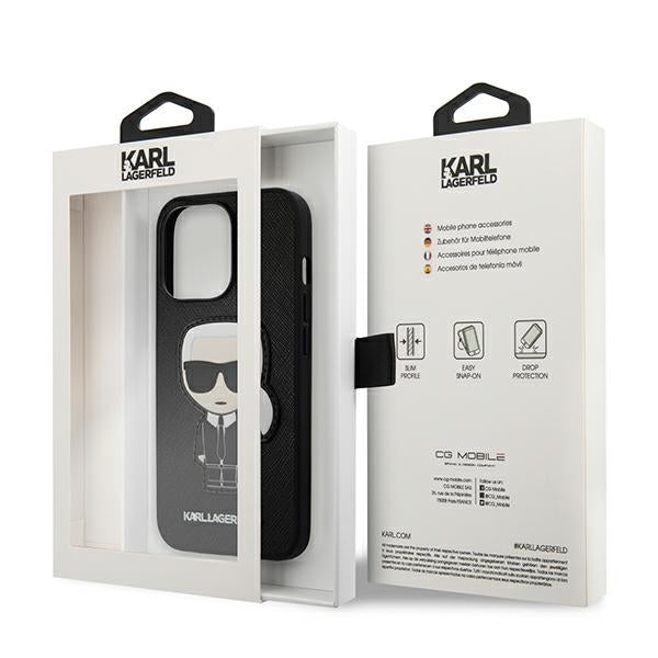 Karl Lagerfels Handy Hülle Case Saffiano Ikonik Karl`s Patch für iPhone 13 / 13 Pro Schwarz