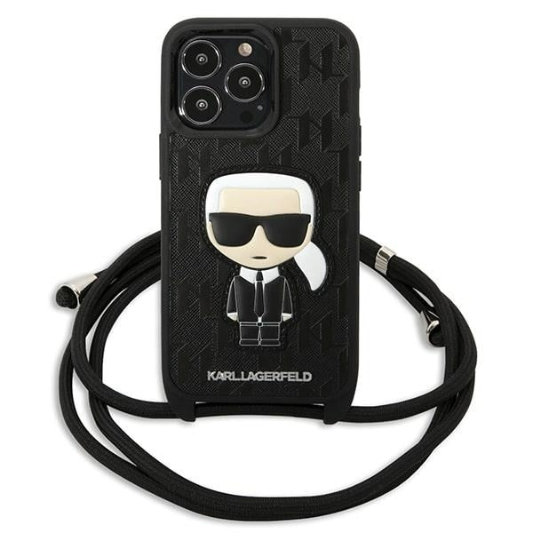 Karl Lagerfeld Crossbody Handy Hülle Case Leder Monogramm Patch und Kordel Ikonik für iPhone 13 / 13 Pro Schwarz