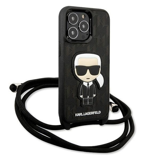 Karl Lagerfeld Crossbody Handy Hülle Case Leder Monogramm Patch und Kordel Ikonik für iPhone 13 / 13 Pro Schwarz