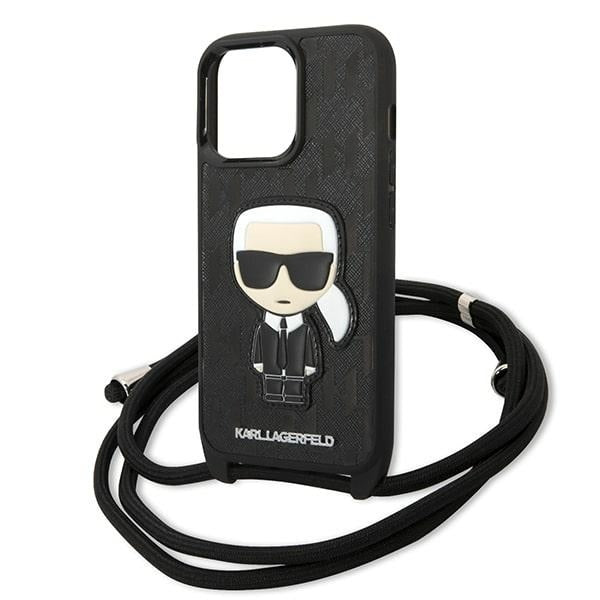Karl Lagerfeld Crossbody Handy Hülle Case Leder Monogramm Patch und Kordel Ikonik für iPhone 13 / 13 Pro Schwarz