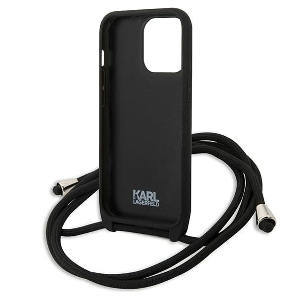 Karl Lagerfeld Crossbody Handy Hülle Case Leder Monogramm Patch und Kordel Ikonik für iPhone 13 / 13 Pro Schwarz