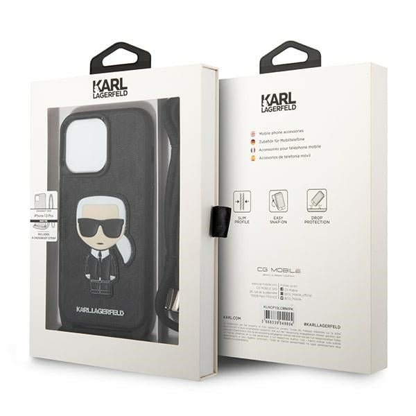 Karl Lagerfeld Crossbody Handy Hülle Case Leder Monogramm Patch und Kordel Ikonik für iPhone 13 / 13 Pro Schwarz