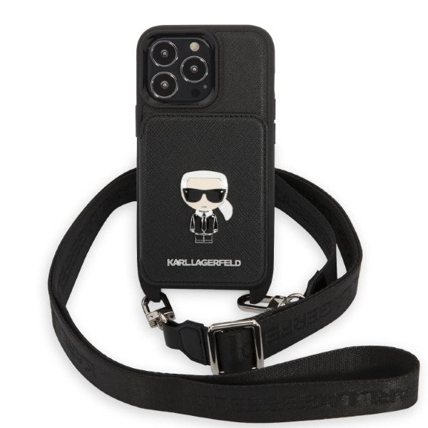 Karl Lagerfeld Crossbody Handy Hülle Case Saffiano Metal Ikonik Karl für iPhone 13 / 13 Pro Schwarz