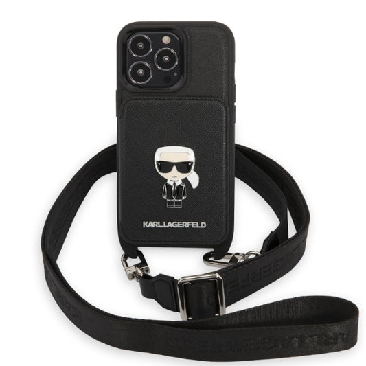 Karl Lagerfeld Crossbody Handy Hülle Case Saffiano Metal Ikonik Karl für iPhone 13 / 13 Pro Schwarz