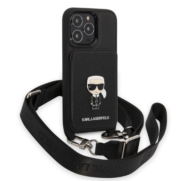 Karl Lagerfeld Crossbody Handy Hülle Case Saffiano Metal Ikonik Karl für iPhone 13 / 13 Pro Schwarz