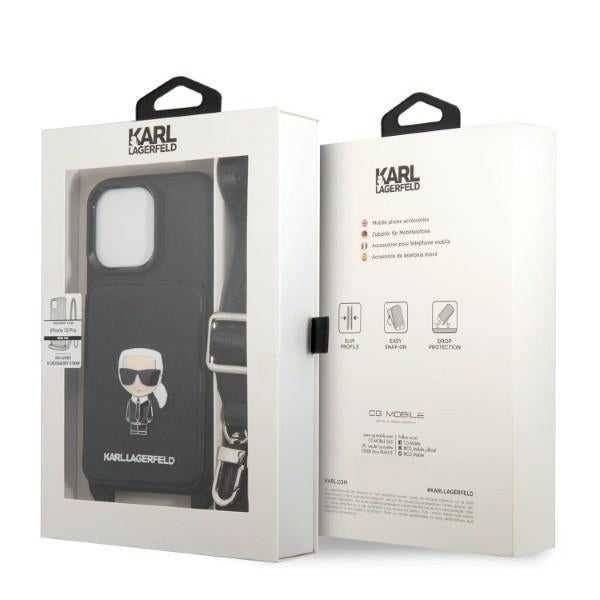 Karl Lagerfeld Crossbody Handy Hülle Case Saffiano Metal Ikonik Karl für iPhone 13 / 13 Pro Schwarz