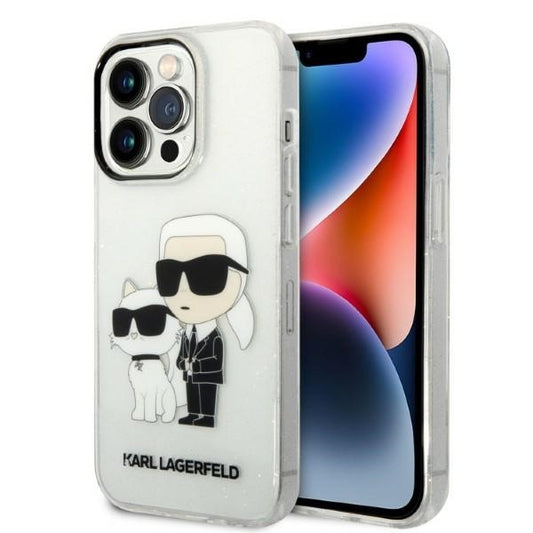 Karl Lagerfeld Handy Hülle Case Glitzer Karl & Choupette für iPhone 14 Pro Weiß