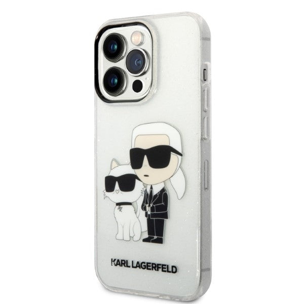 Karl Lagerfeld Handy Hülle Case Glitzer Karl & Choupette für iPhone 14 Pro Weiß